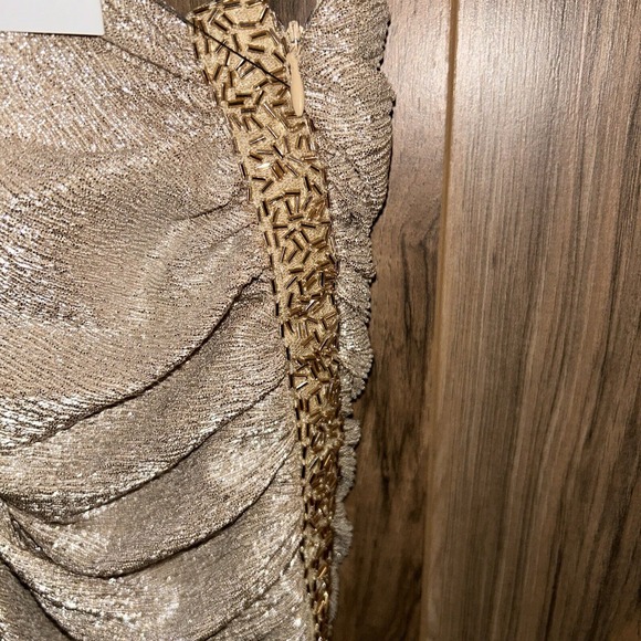 SIZE 10 Calvin Klein One Shoulder Metallic Beaded Champagne Gold Gown, NWT - Picture 6 of 8